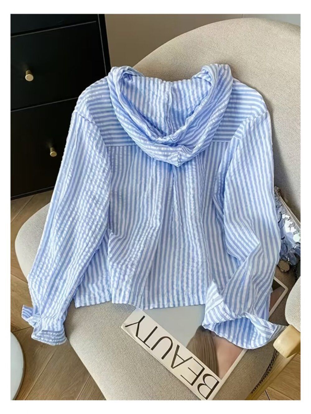 NWT Blue White Striped Seersucker Style Hooded Shirt Jacket - Picture 3 of 8